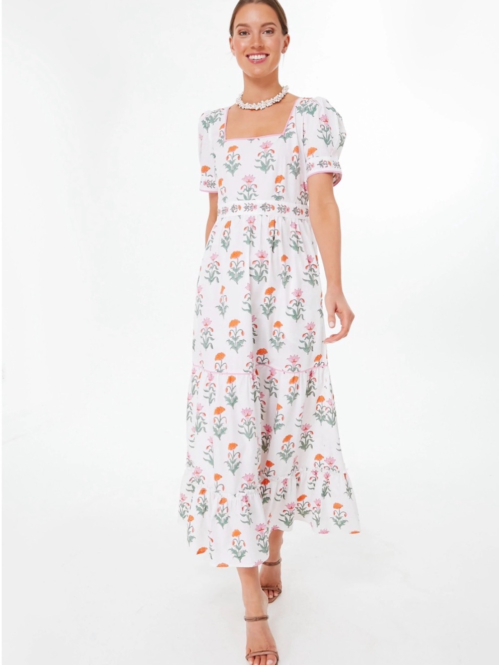 Pink City Prints Floral Block Print Evelyn Midi Dress Pink Orange Size S